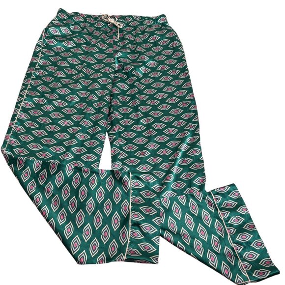 Victorias Secret Satin Pajama Pants Large Green Pink Lips Kiss Elastic Waist - Picture 1 of 5